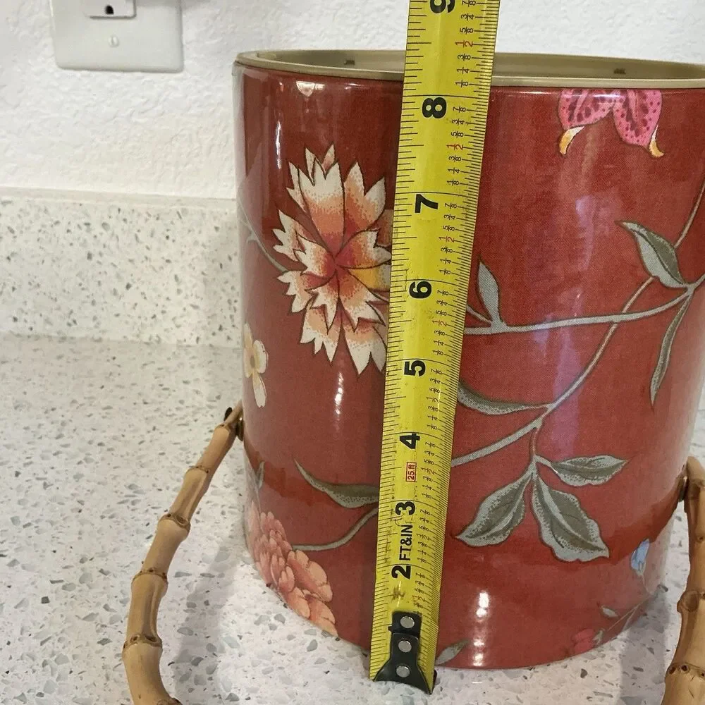 Vintage Vinyl Floral Asian Inspired Ice Bucket Retro MCM Regency Red Bamboo